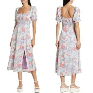 ASTR The Label Smocked Top Puff-Sleeve Midi Dress in Purple Coral Floral